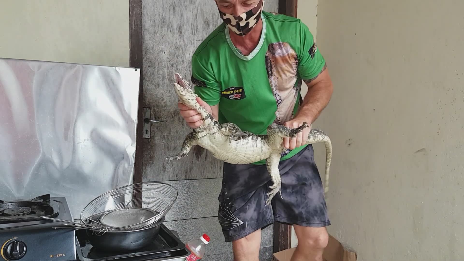 Unexpected confrontation between a large monitor lizard and domestic pet dog