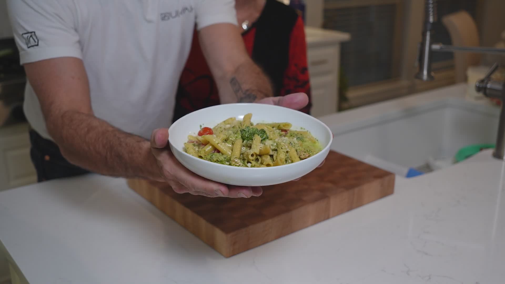 Simple chicken pesto pasta recipe made together with family