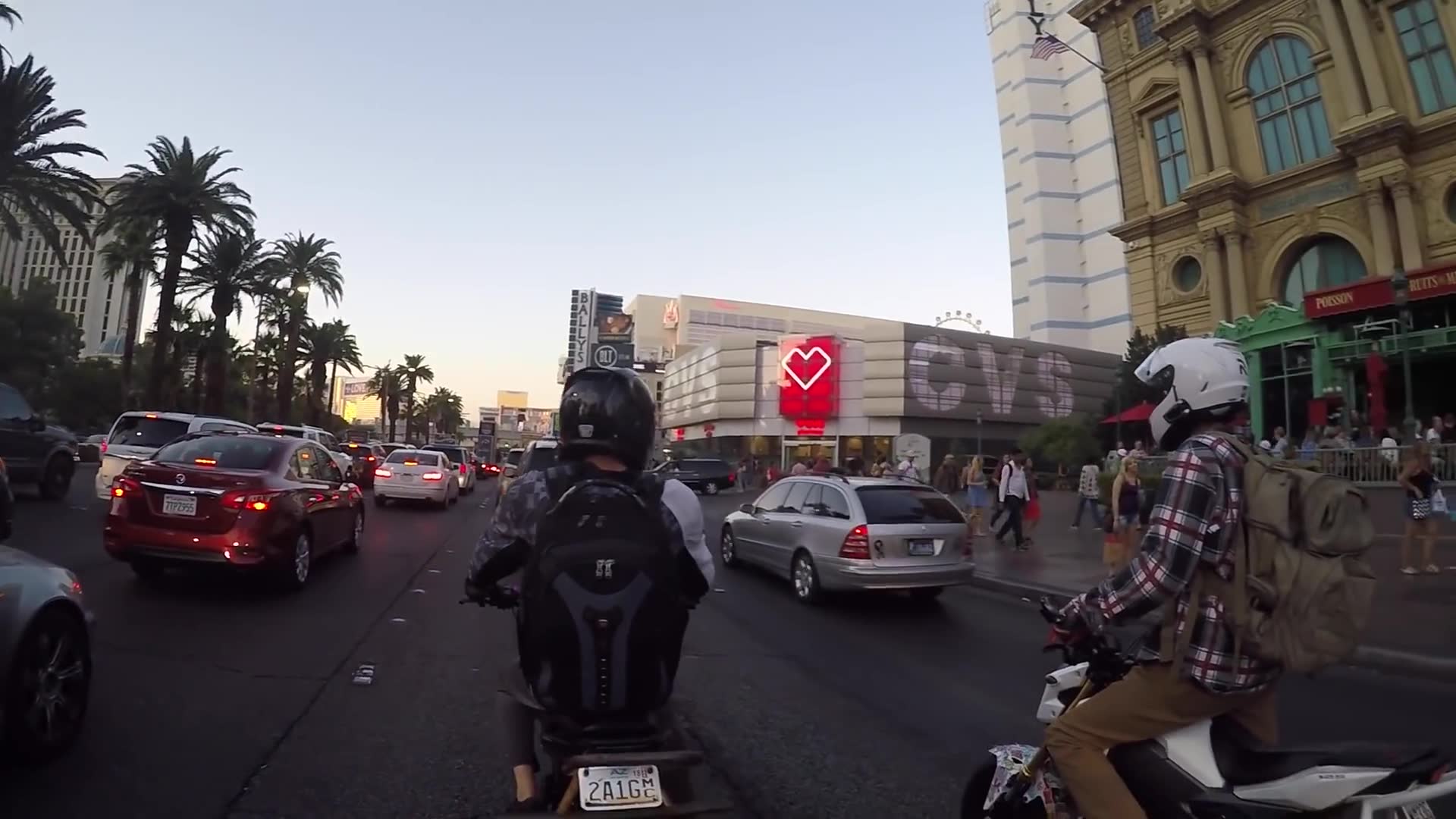 Group of motorcycle riders cruise famous Las Vegas Strip together