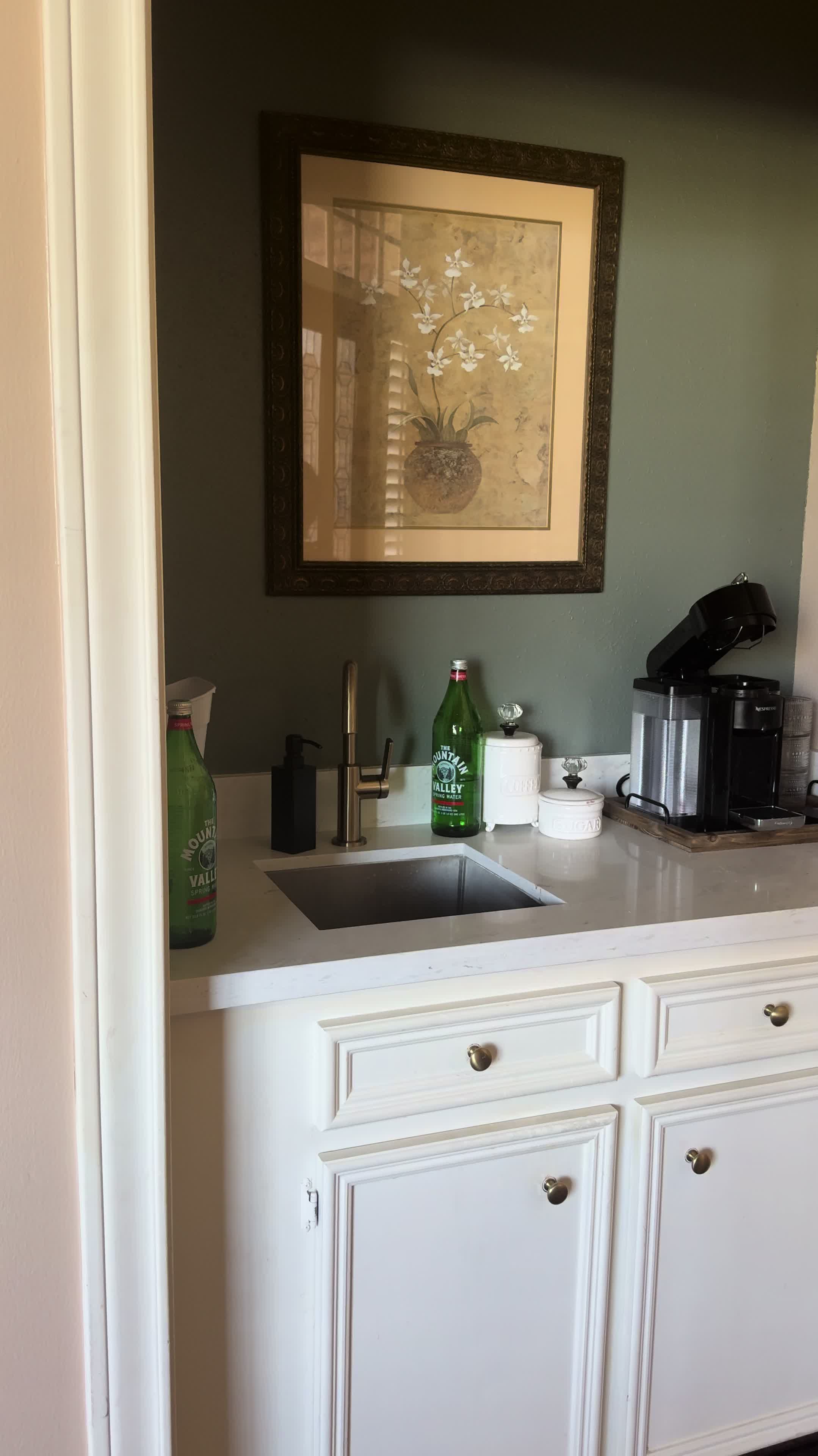 Cozy home beverage bar tour featuring nespresso mountain valley water