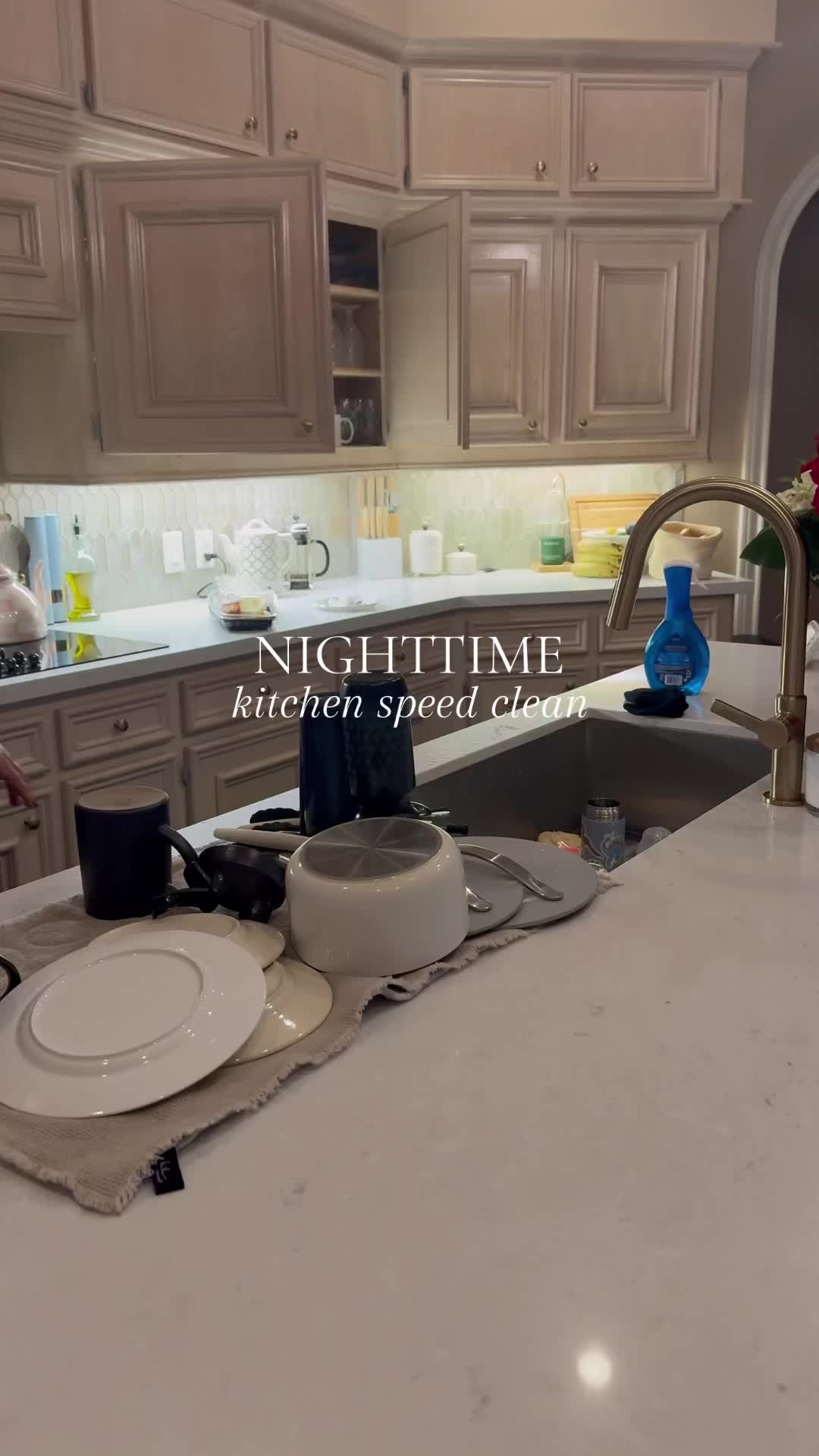 Nighttime kitchen speed clean up dirty dishes messy countertop cleaning routine