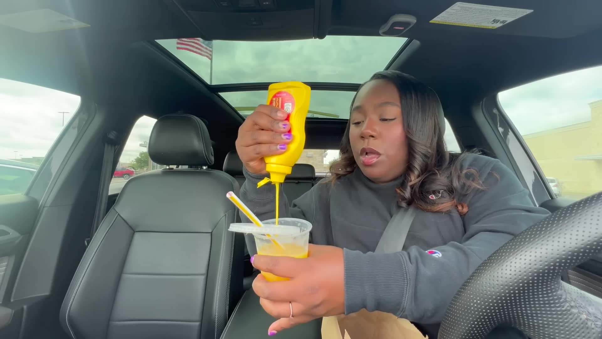 Husband's disgusted face after drinking mustard-contaminated juice