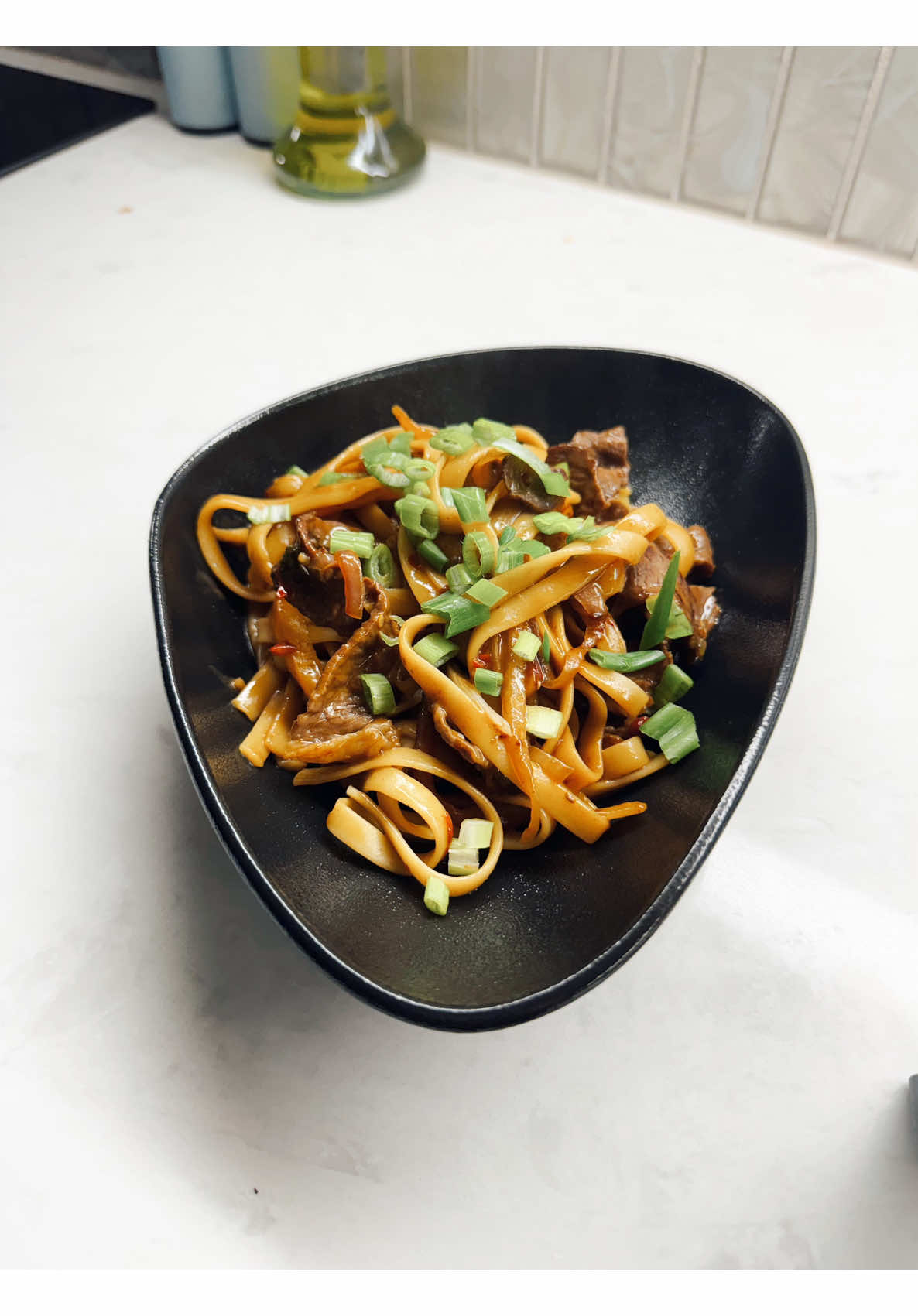 Homemade saucy asian beef noodles stir fry with scallions for home cooking