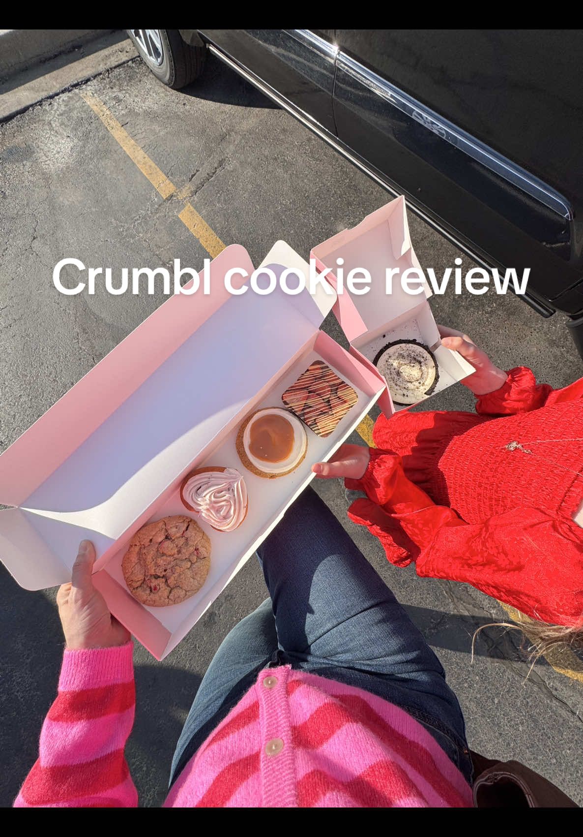 Bakery review sampling thick sweet cookies in parking lot setting