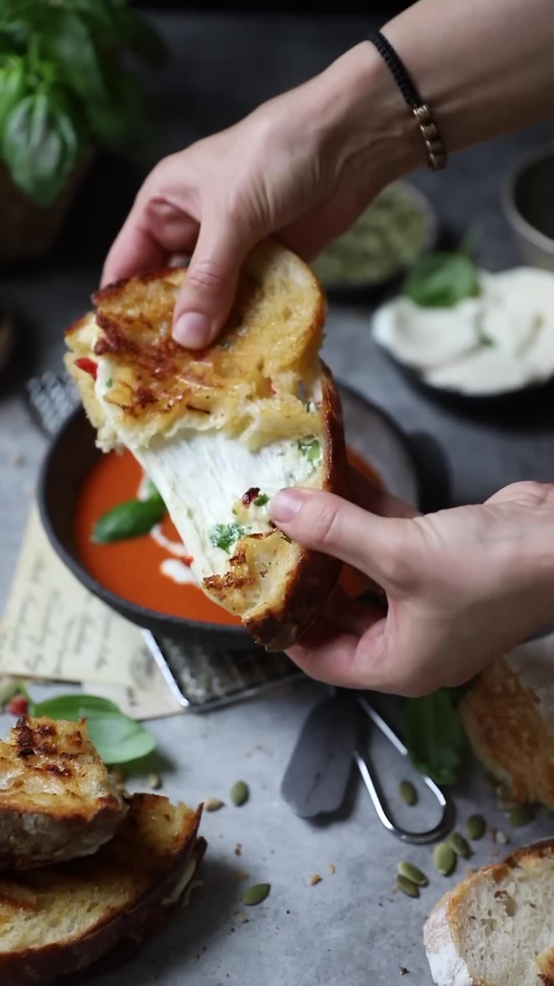 Classic combination of tomato soup, grilled cheese, and fried cheese