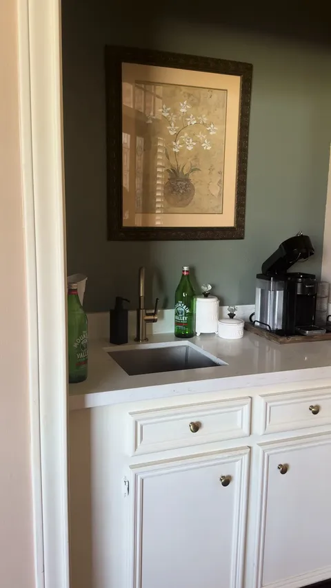 Cozy home beverage bar tour featuring nespresso mountain valley water