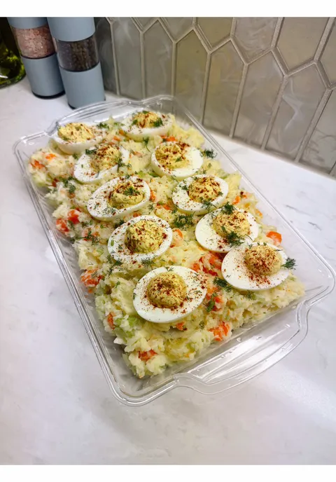 Making potato salad deviled eggs comfort food while reflecting on lying mistakes