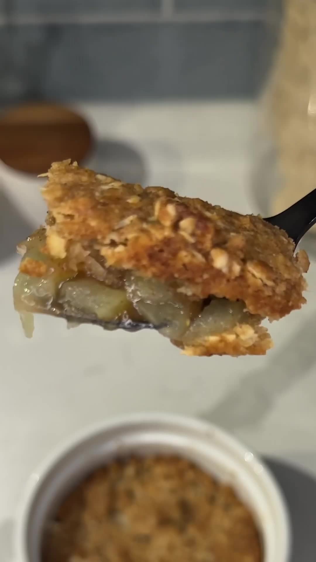 Individual portion apple crisp bakes perfectly for solo sweet treat