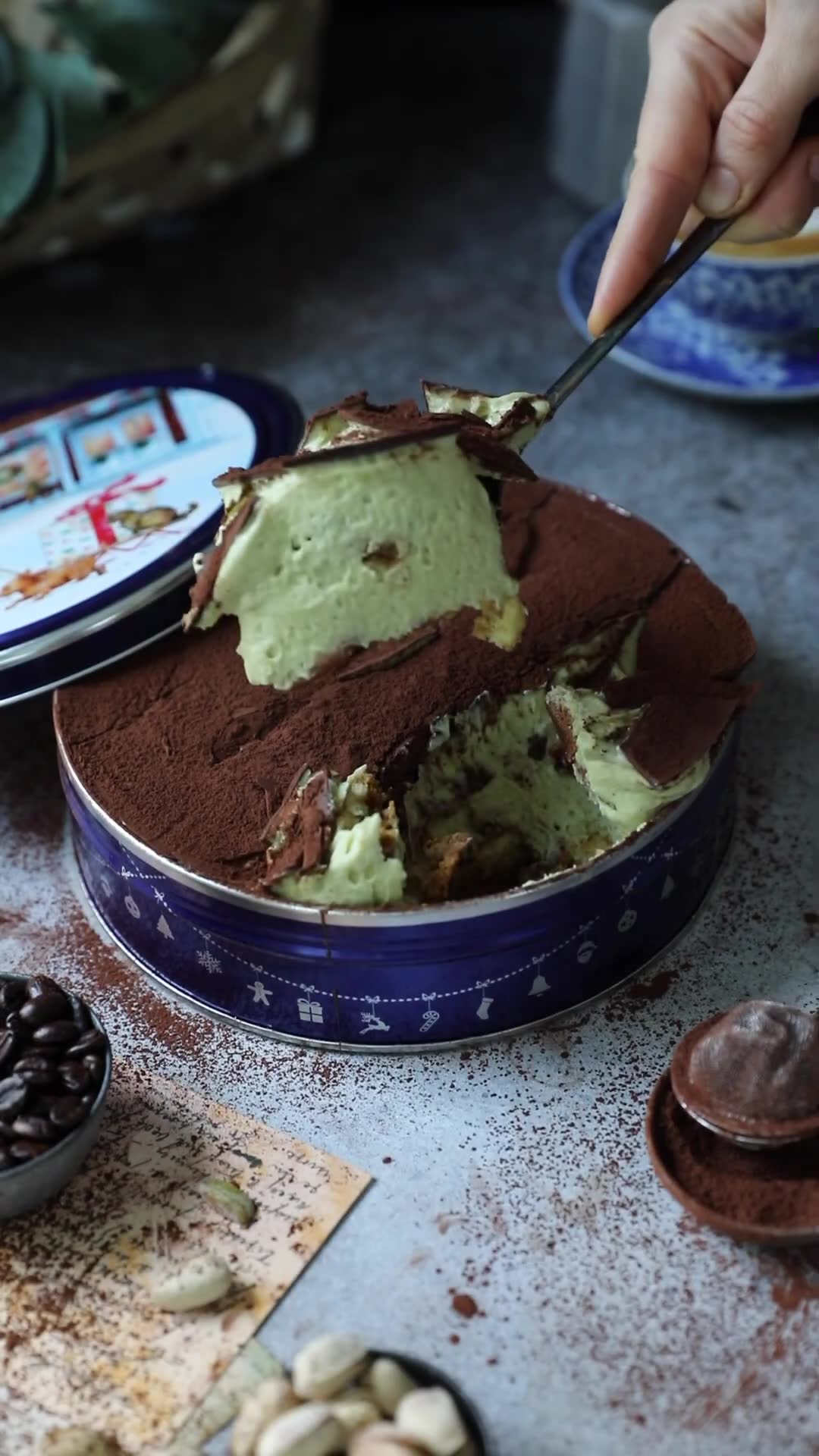 Pistachio showcase in croissant filling and tiramisu layers