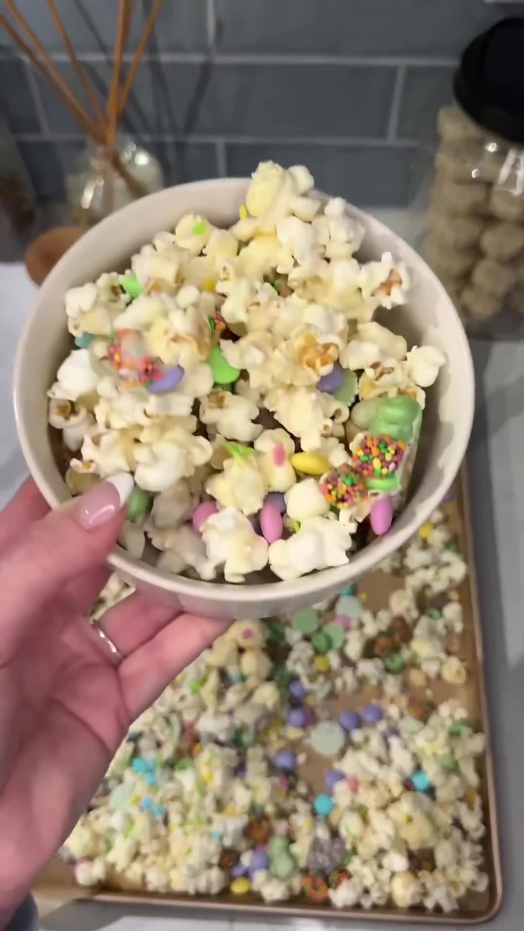 Crunchy popcorn adds texture to creamy vegetable salad mix