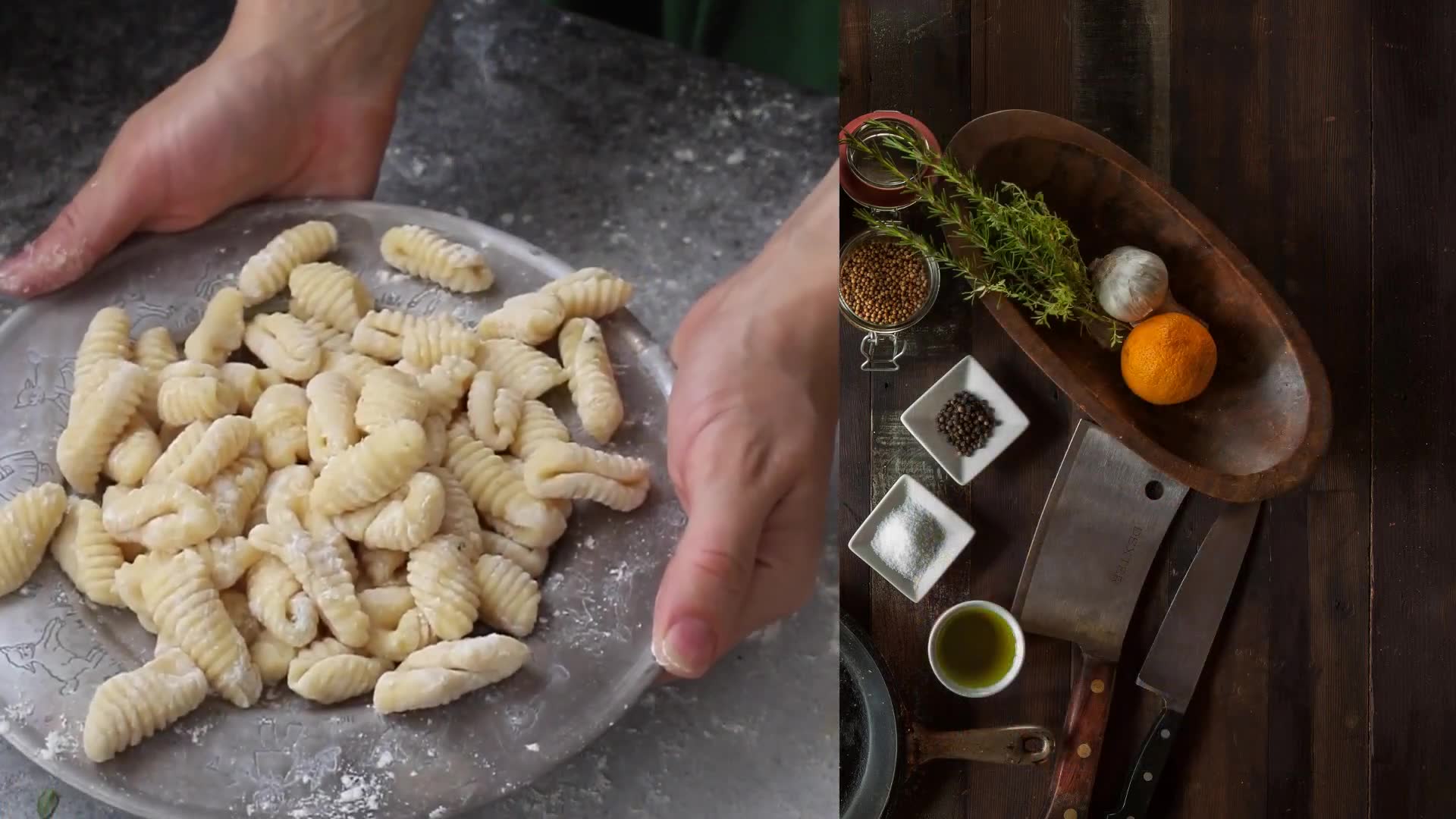 Homemade gnocchi process from boiled potatoes to finished pasta