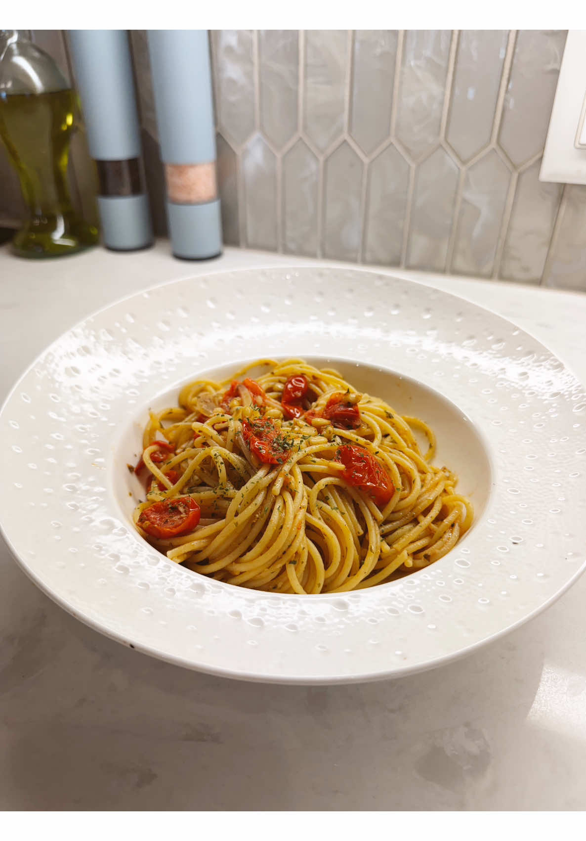 Homemade spaghetti roasted cherry tomatoes herbs easy pasta for home cooking