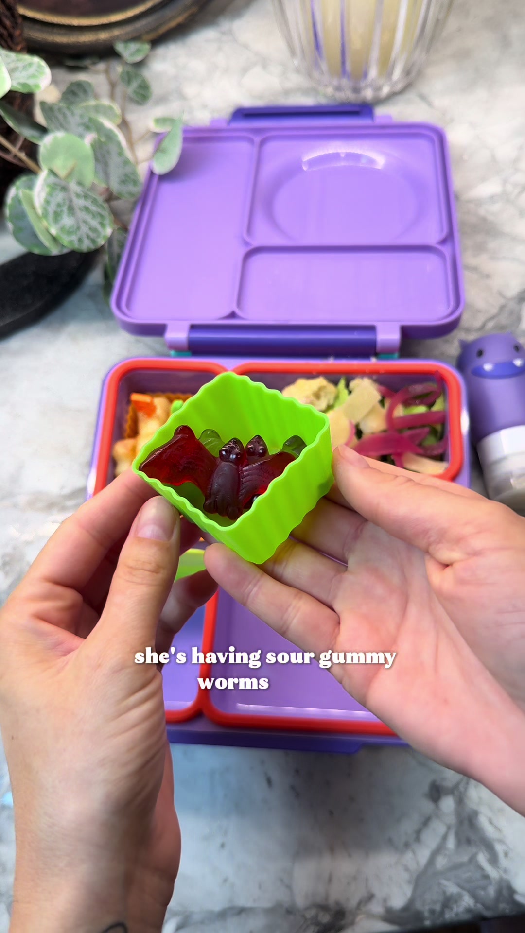Festive bento featuring playful shapes, greens, and seasonal fruit