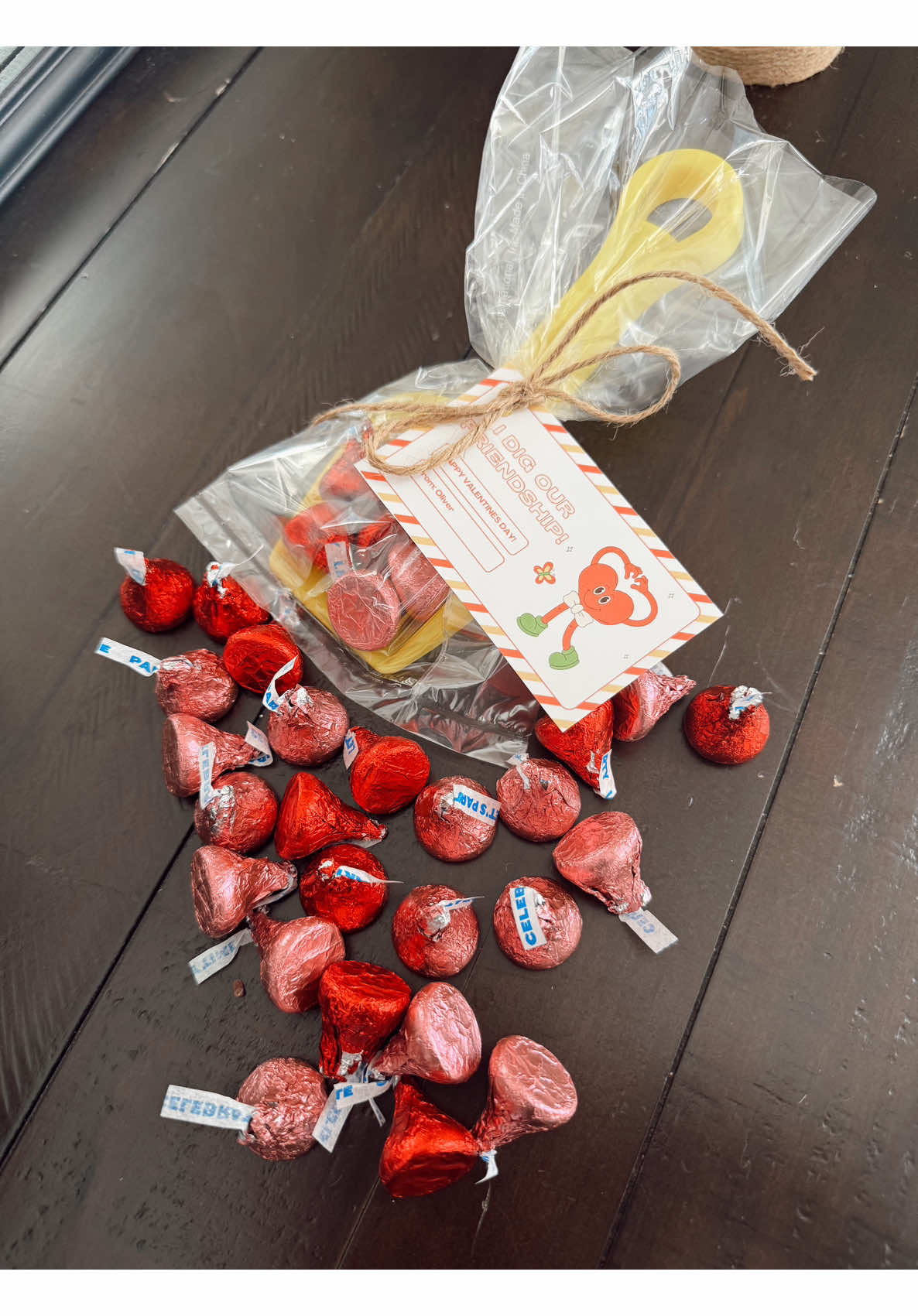 Showing cute diy valentines day friendship gift with chocolates and shovel