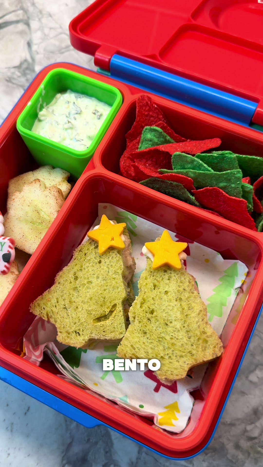 Christmas-themed meal with tuna trees, spinach bread, and tortilla dip