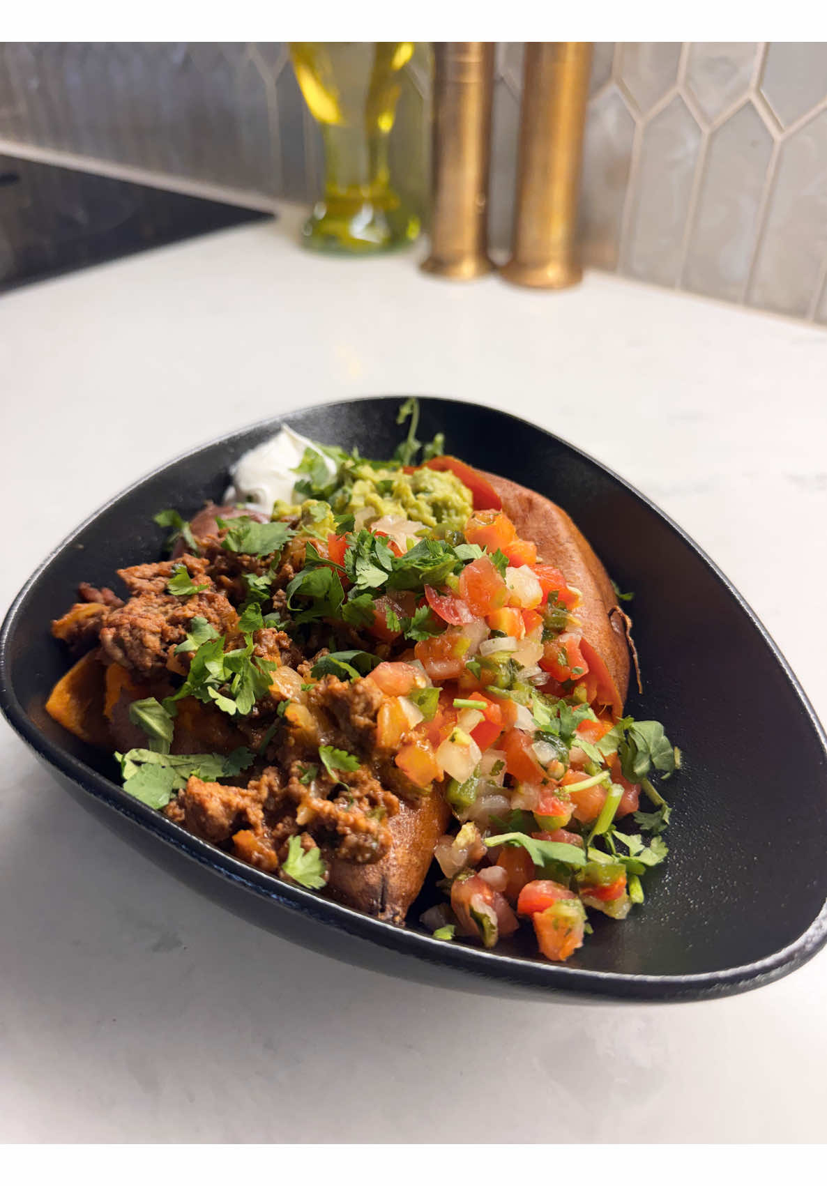 Healthy stuffed sweet potato taco bowl recipe guacamole pico de gallo