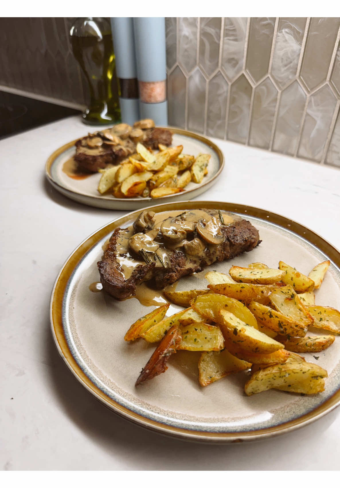 Homemade steak mushroom sauce potato wedges dinner for two for weeknight meal