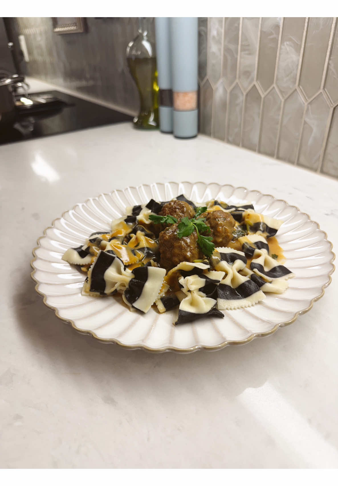 Europ out black white farfalle pasta meatballs creamy sauce dinner