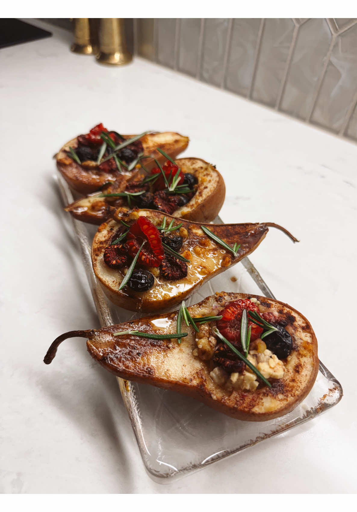 Savory sweet roasted pear halves with feta olives rosemary honey
