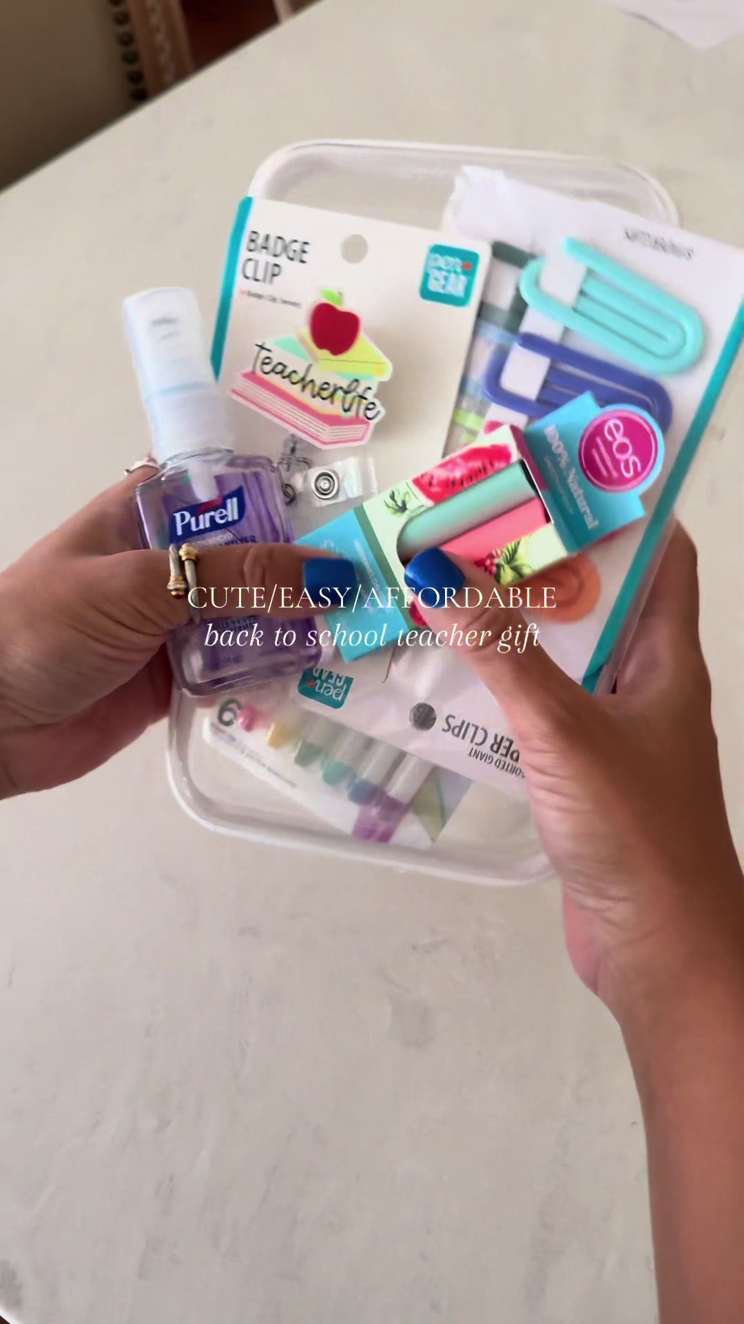 Cute easy affordable back to school teacher gift idea with purell eos and badge clip