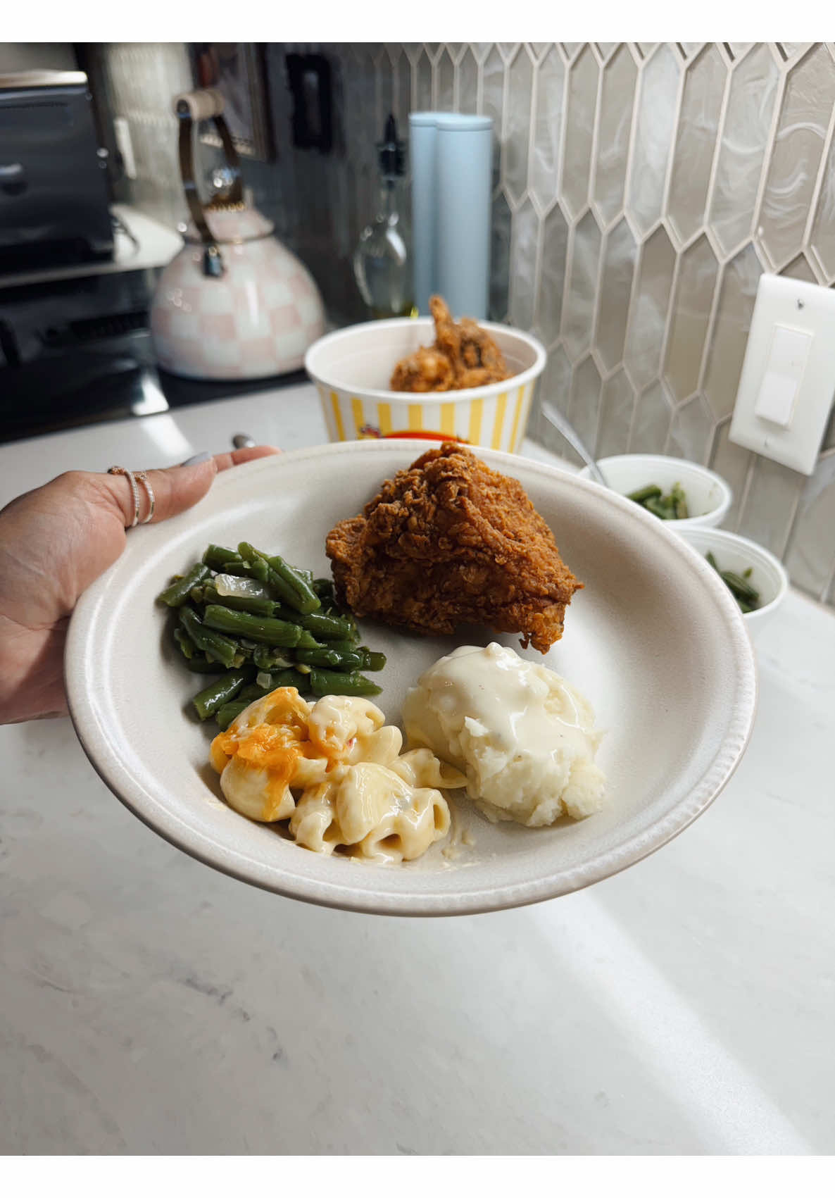 Quick family dinner night serving takeout fried chicken mac n cheese mashed potatoes gravy