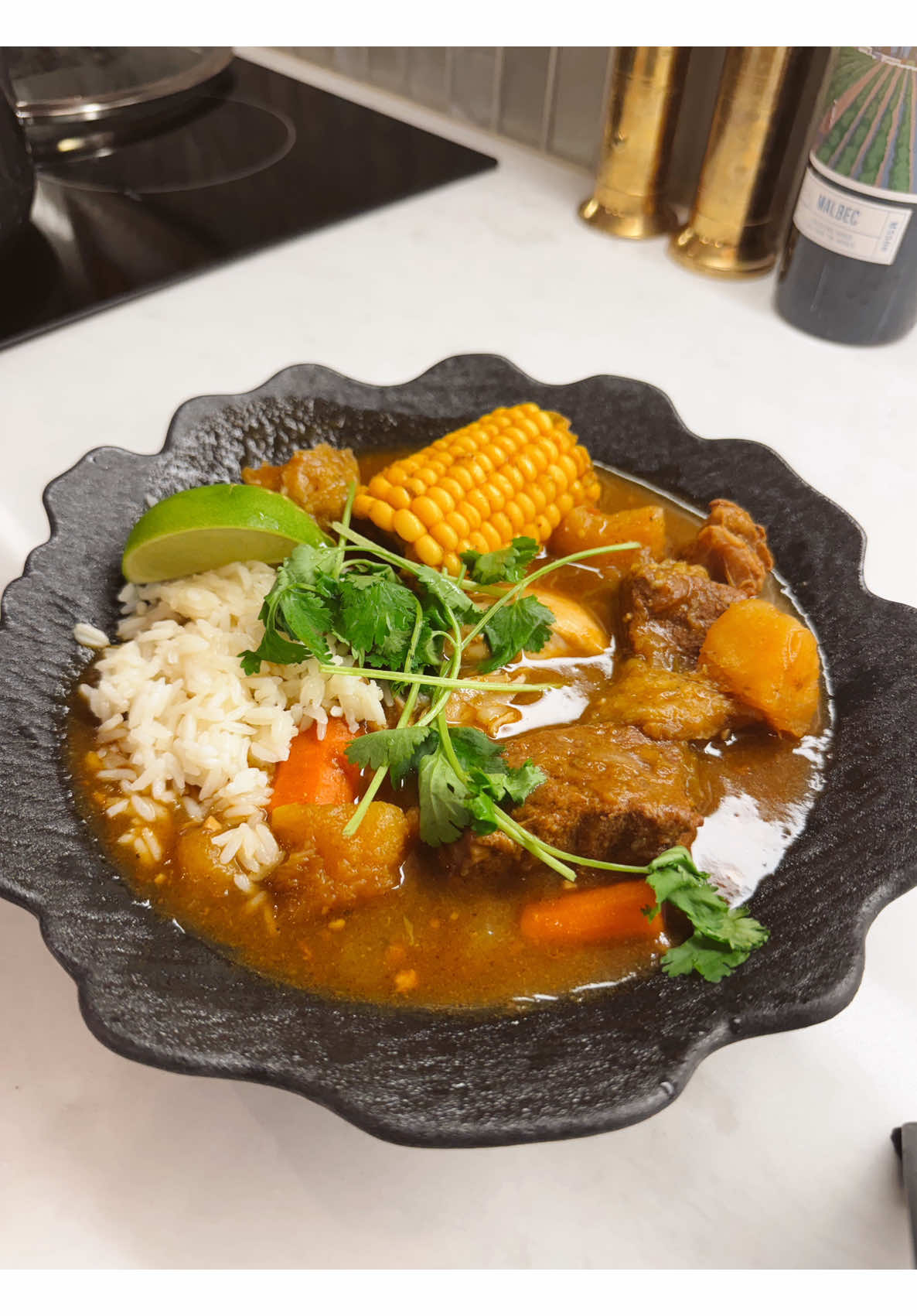 Delicious beef and vegetable stew with rice corn lime and cilantro