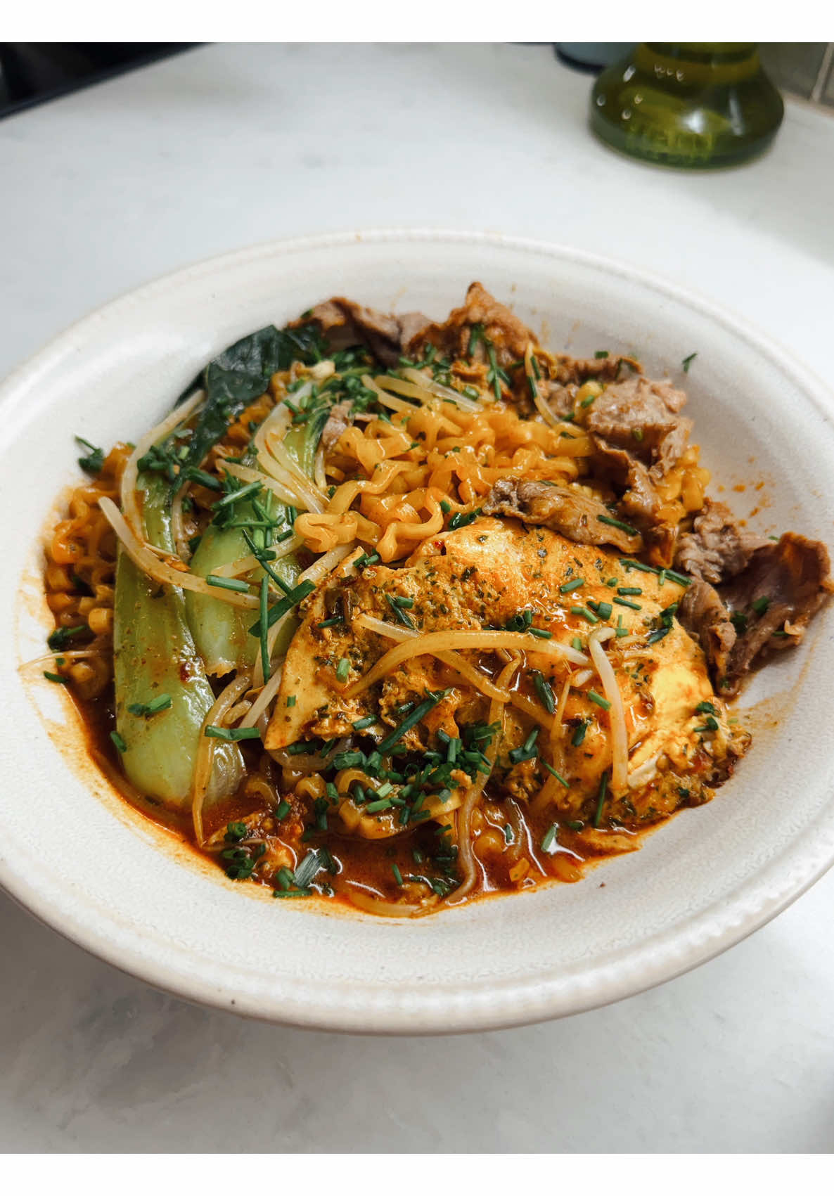 My homemade spicy beef ramen with bok choy and egg morning sharing daily routine