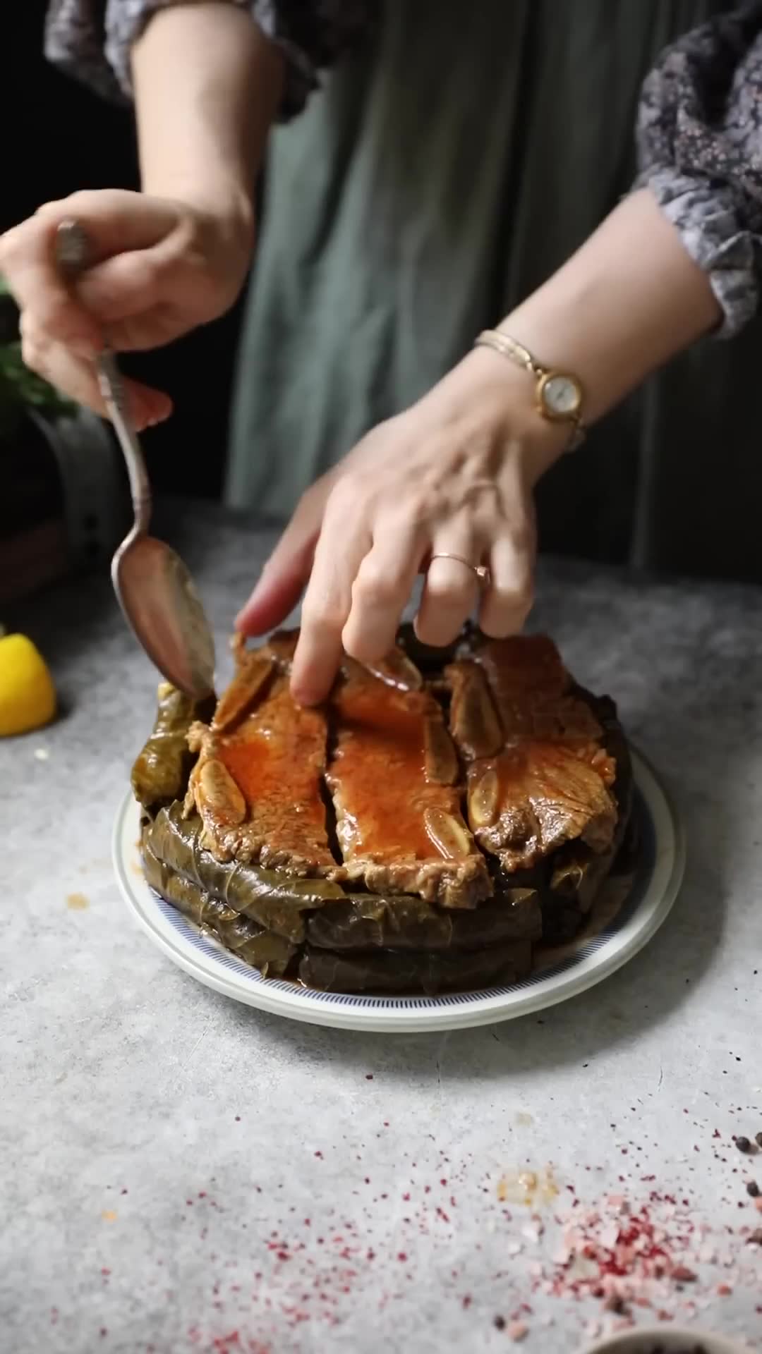 Classic Turkish dishes: layered meat and herb-rice wraps