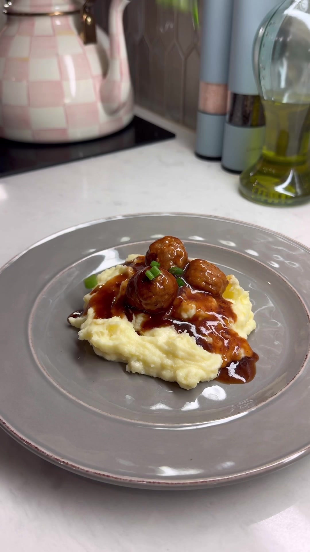 Homemade meatballs creamy mashed potatoes savory gravy comfort food dinner