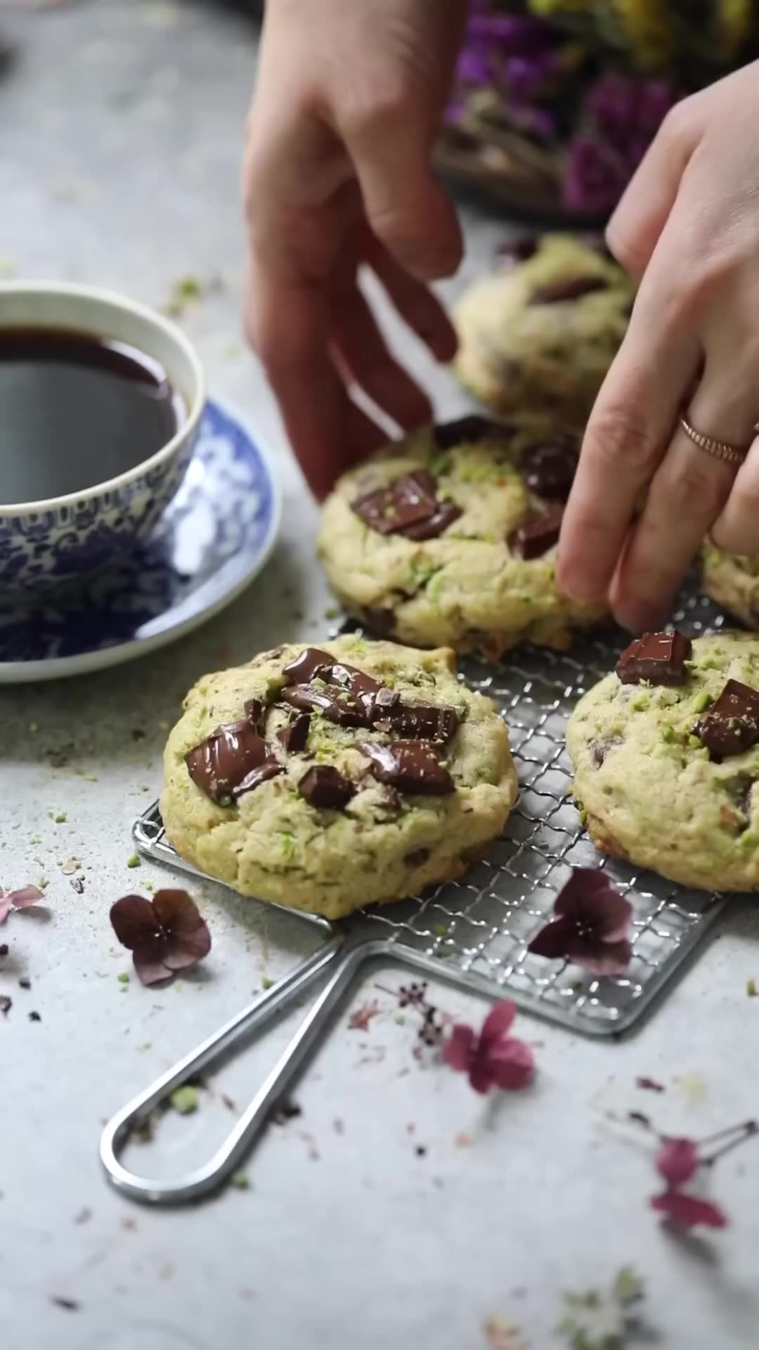 Two pistachio-chocolate combinations in bar and cookie form