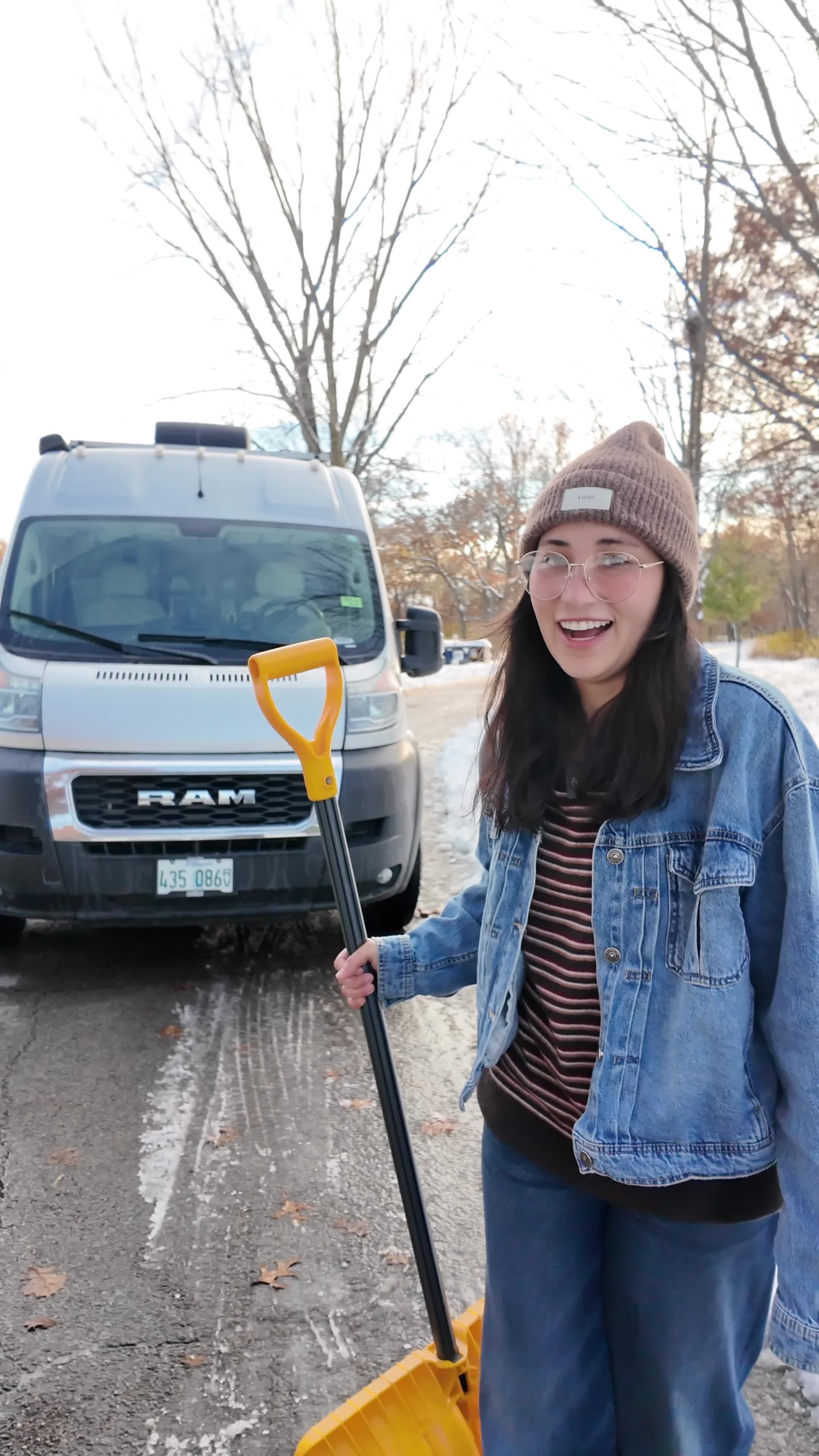 Winter camping means shoveling and plowing before setting up