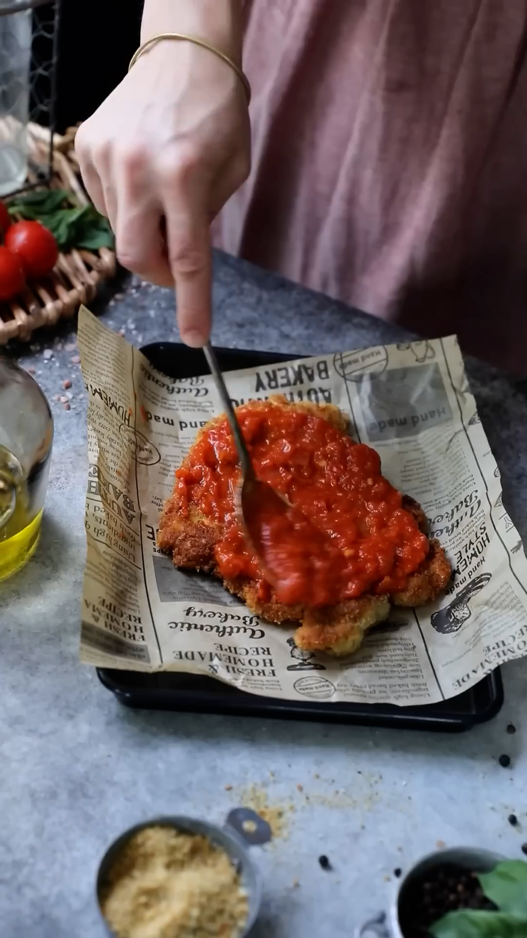 Crispy chicken Parmesan served with focaccia bread