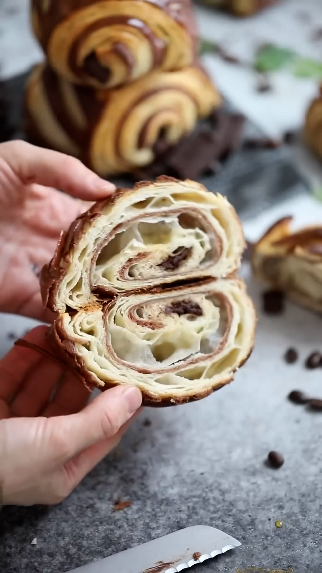 Flaky pastry wrapped around chocolate batons