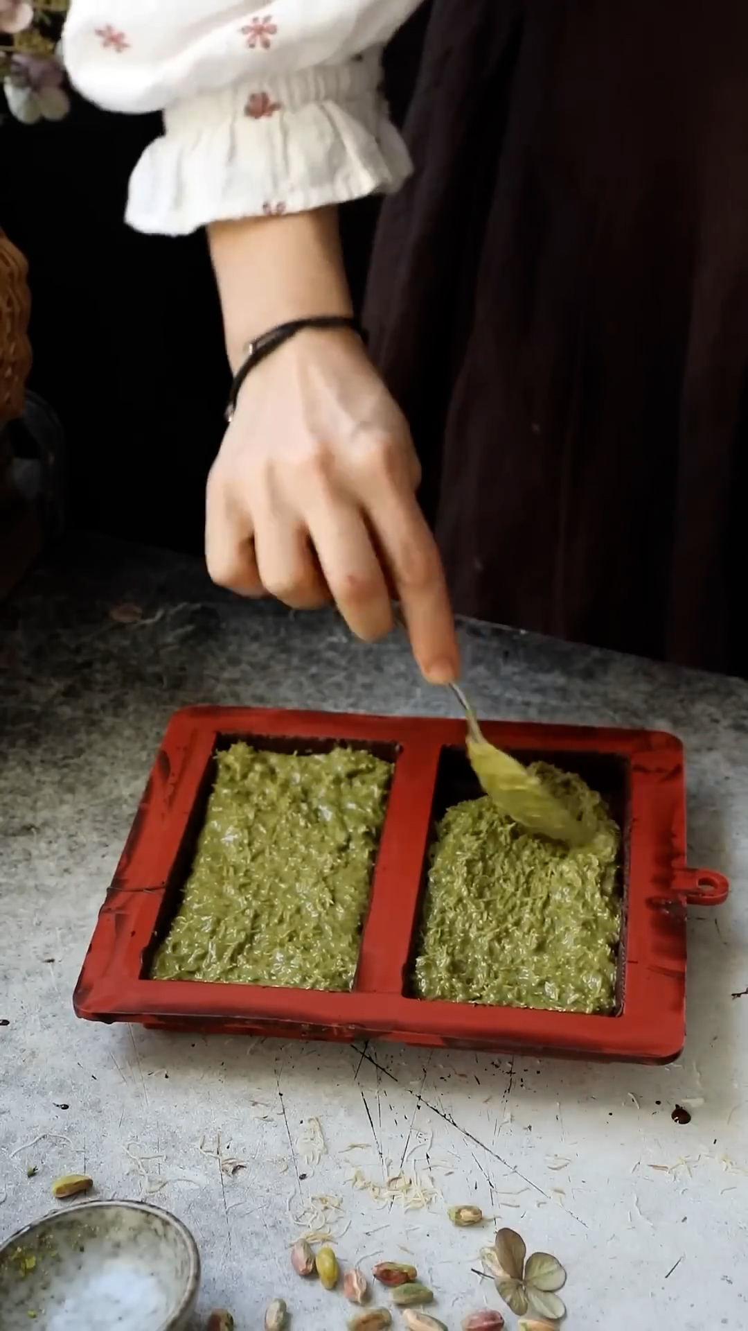 Trendy stuffed chocolate featuring tahini pistachio center