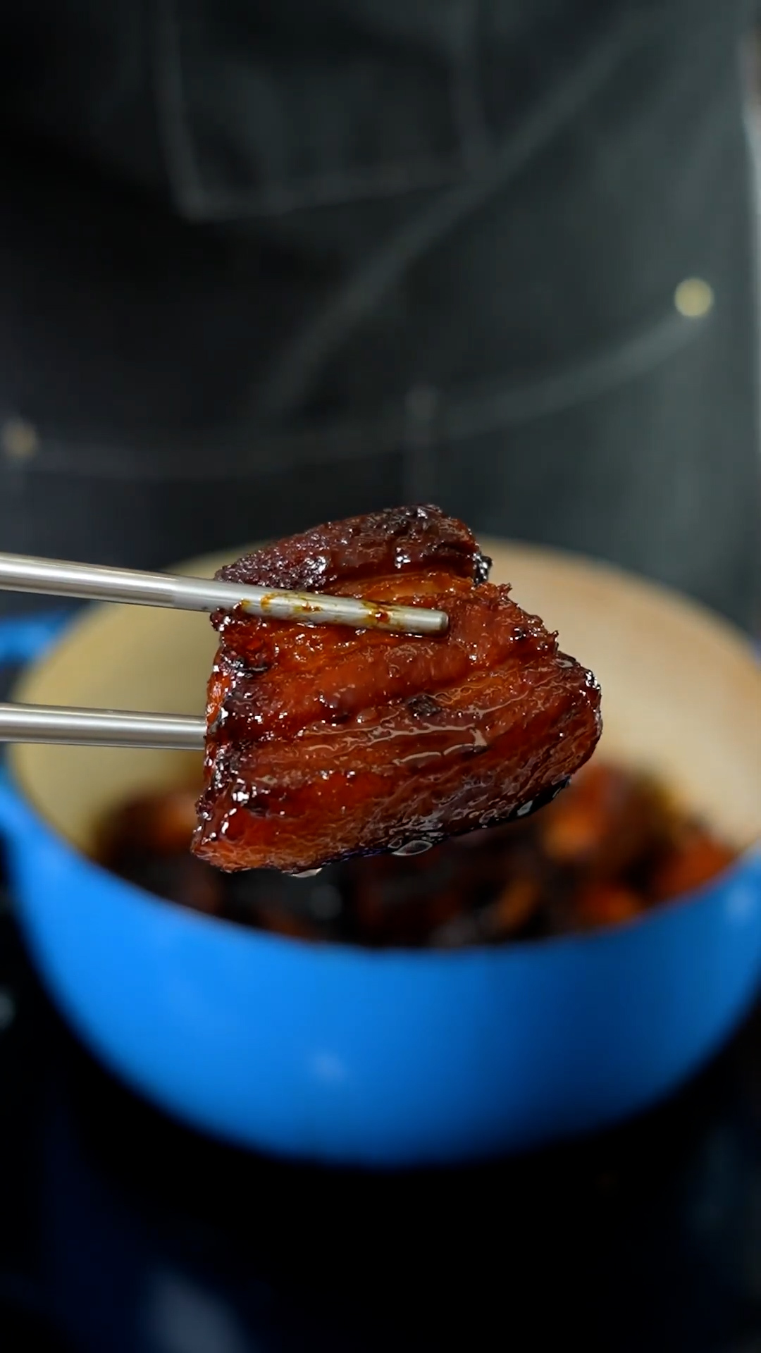 Chinese red-braised pork belly in soy sauce, star anise, and rock sugar