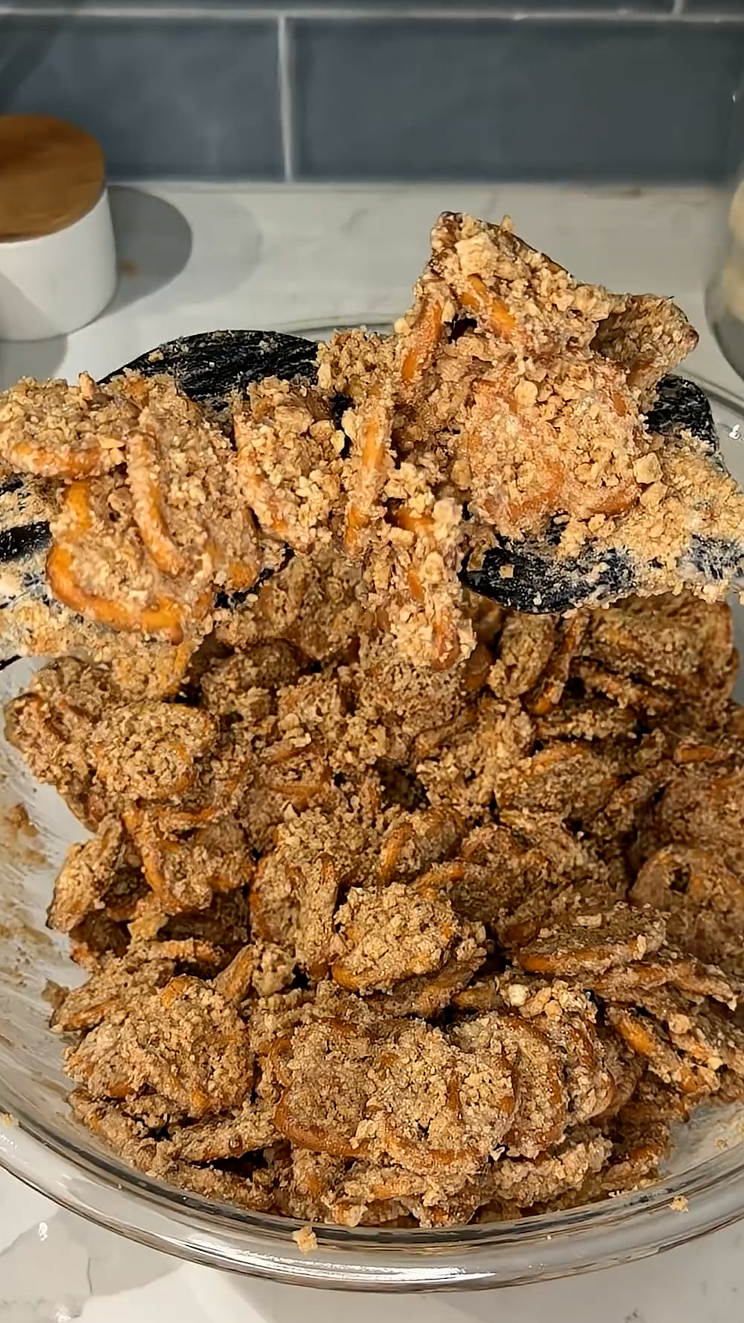 Sweet cinnamon cereal coating covers salty pretzel twists