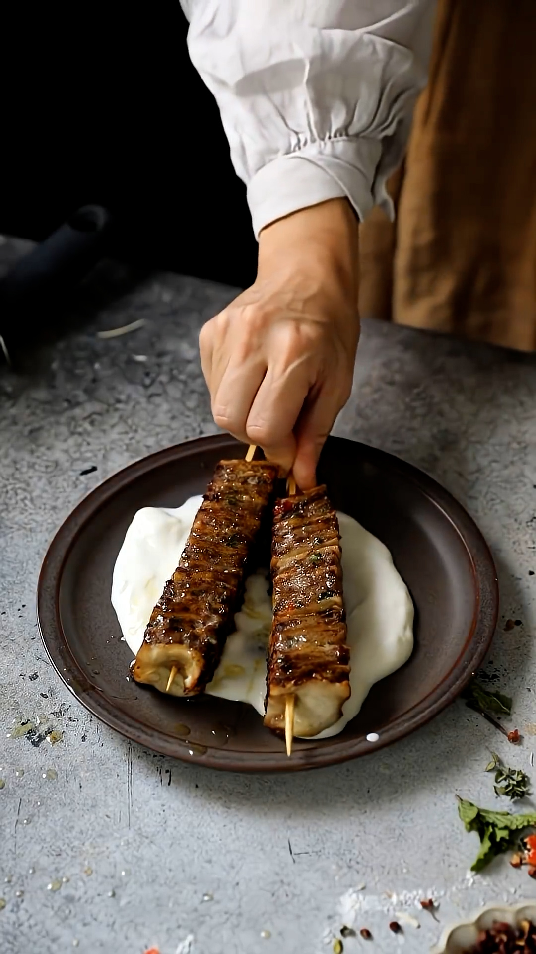 Layered flatbread filled with seasoned meat and veggies
