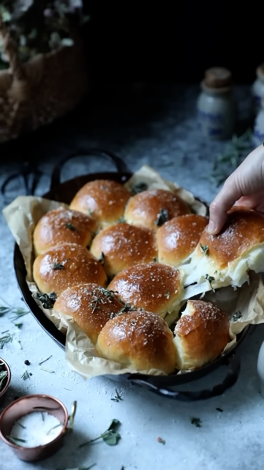Fluffy dinner rolls brushed with butter