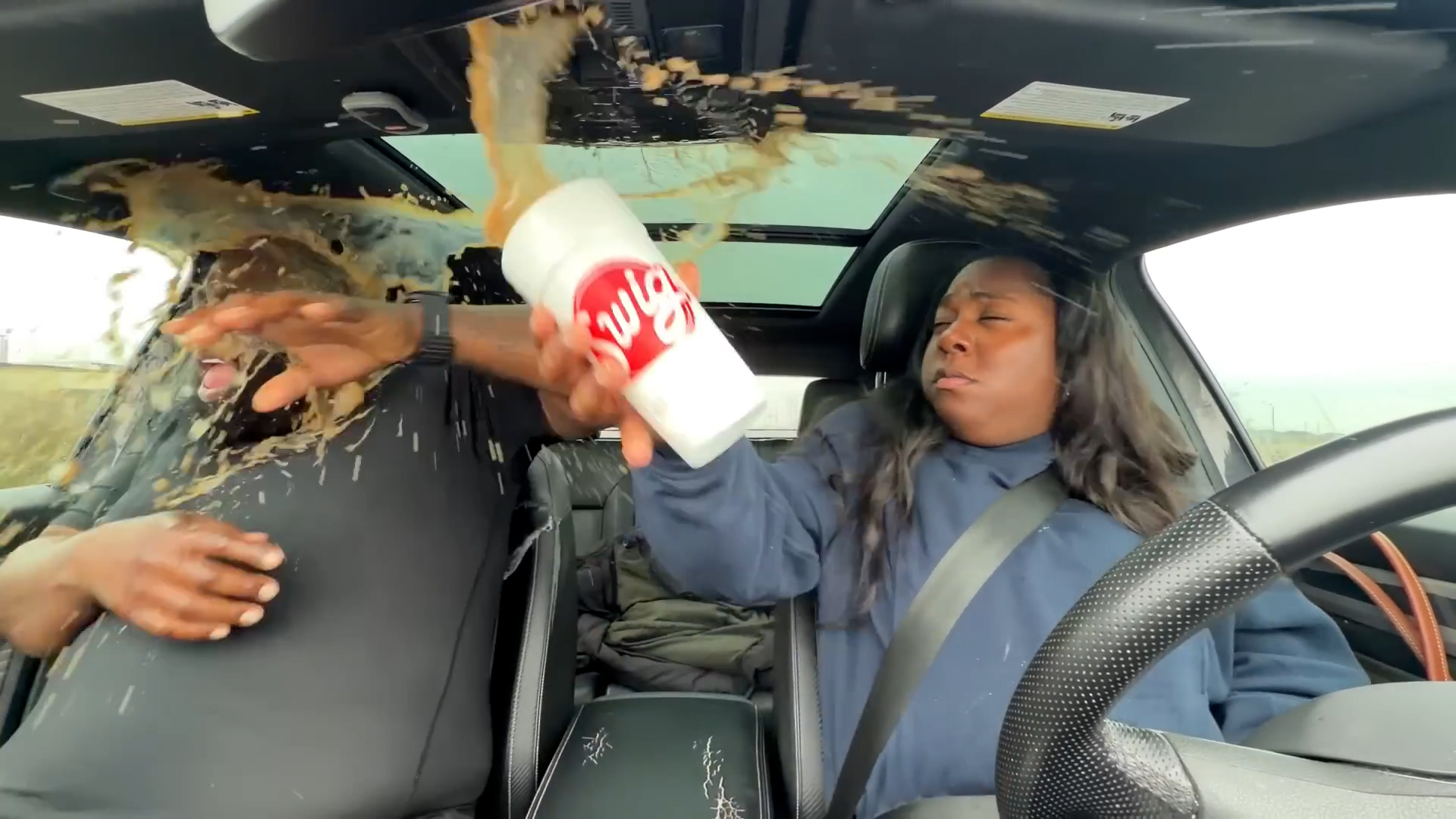 Gross prank contaminating her drink with nose-picking hand